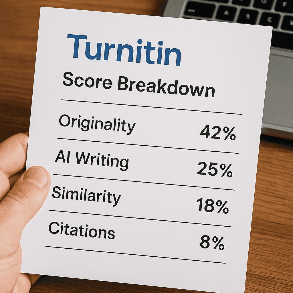 Detailed Turnitin AI detection score breakdown showing paragraph-by-paragraph analysis with highlighted sections that triggered detection and how EvadeGPT fixed each issue